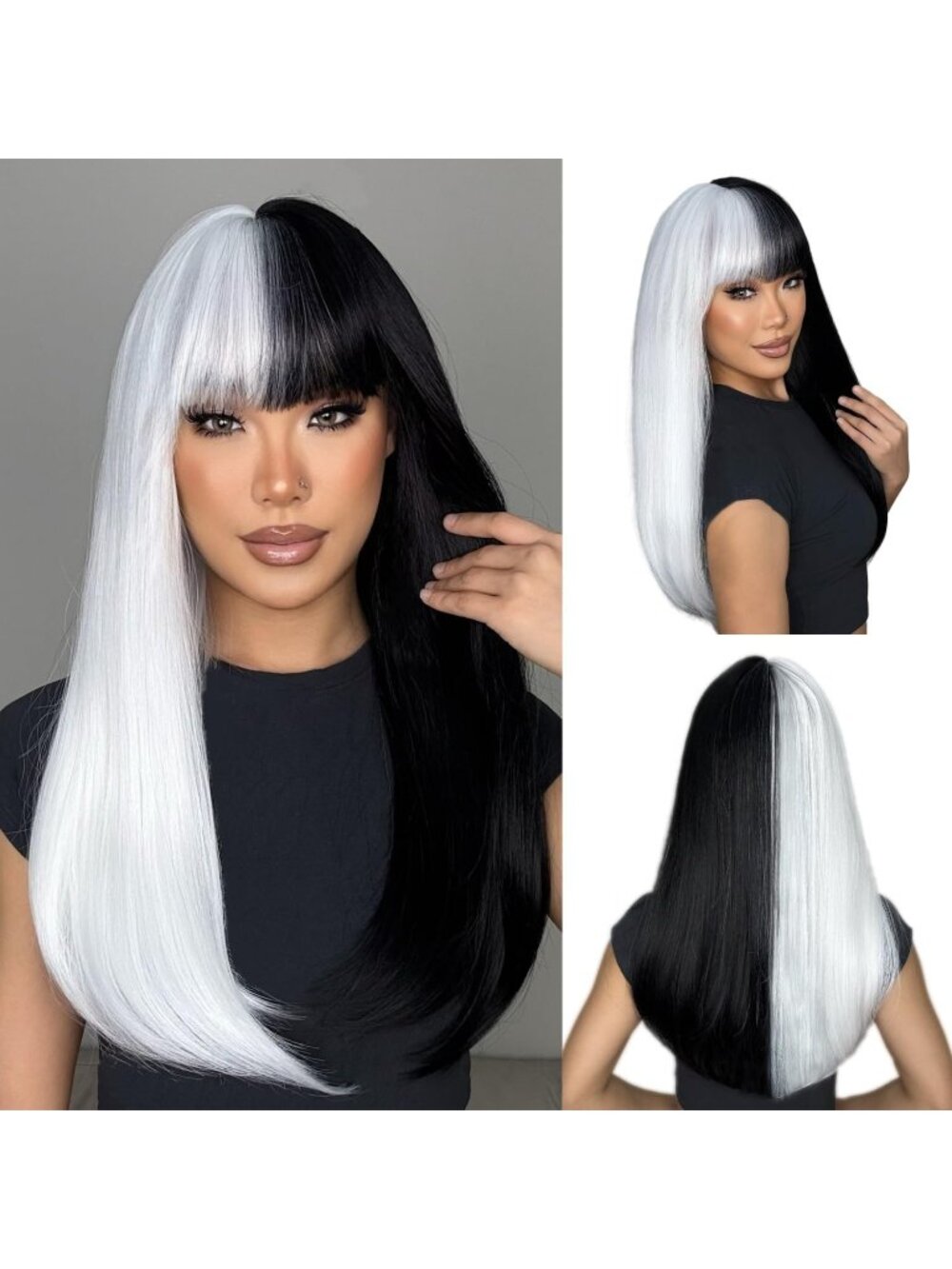 Women's White Black 22 Inch Heat Resistant Synthetic Long Straight Wigs Bangs